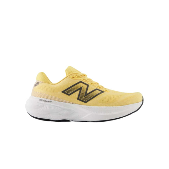 Yellow running shoe with a white cushioned sole and black logo