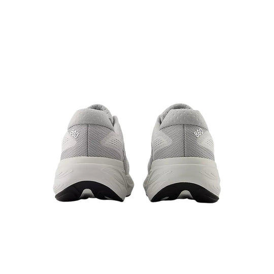 Rear view of light gray running shoes with thick white midsoles and black outsoles