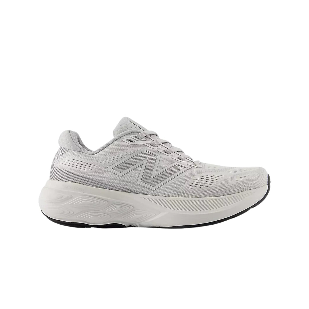 Light gray running shoe with a thick cushioned sole and lace-up mesh upper, shown in side view.