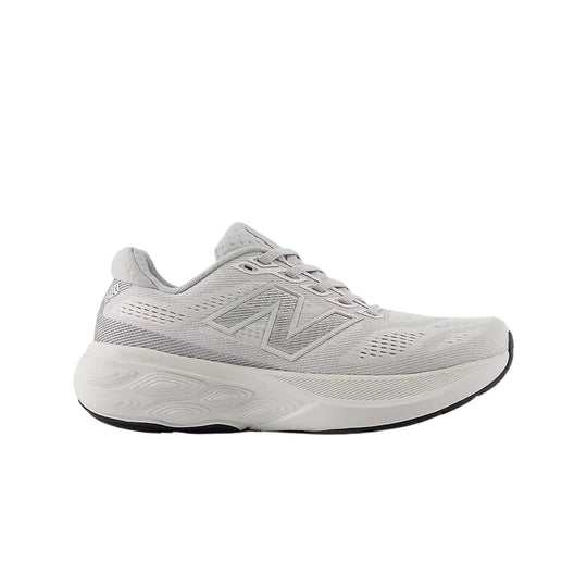 Light gray running shoe with a thick cushioned sole and lace-up mesh upper, shown in side view.