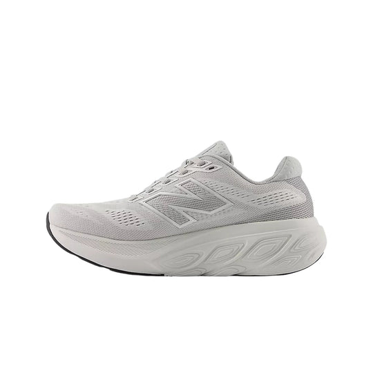 Light gray running shoe with a large side logo and thick cushioned sole