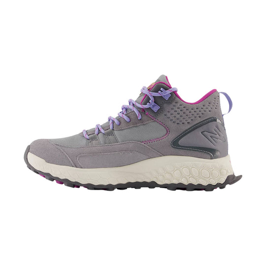 Gray mid-top hiking shoe with purple laces, magenta trim, and a thick white outsole