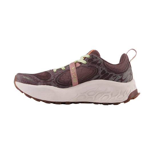 Brown trail shoe with a thick white midsole, mesh upper, bungee laces, and a heel pull tab