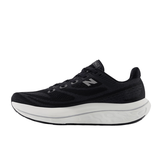Black lace-up running shoe with a white cushioned sole and silver side logo