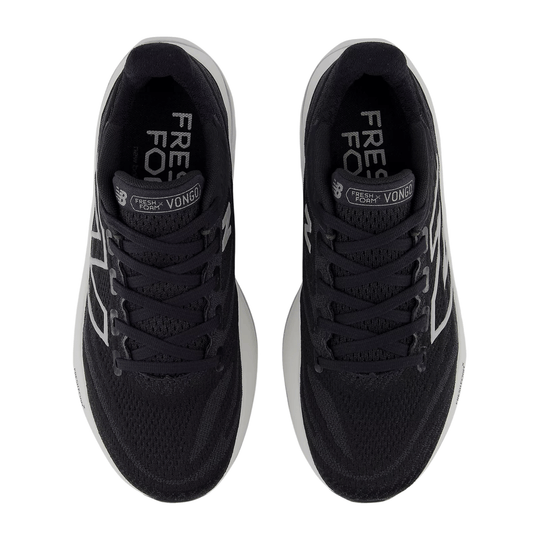 Black running shoes with white midsoles, laces, and side logos, shown from above