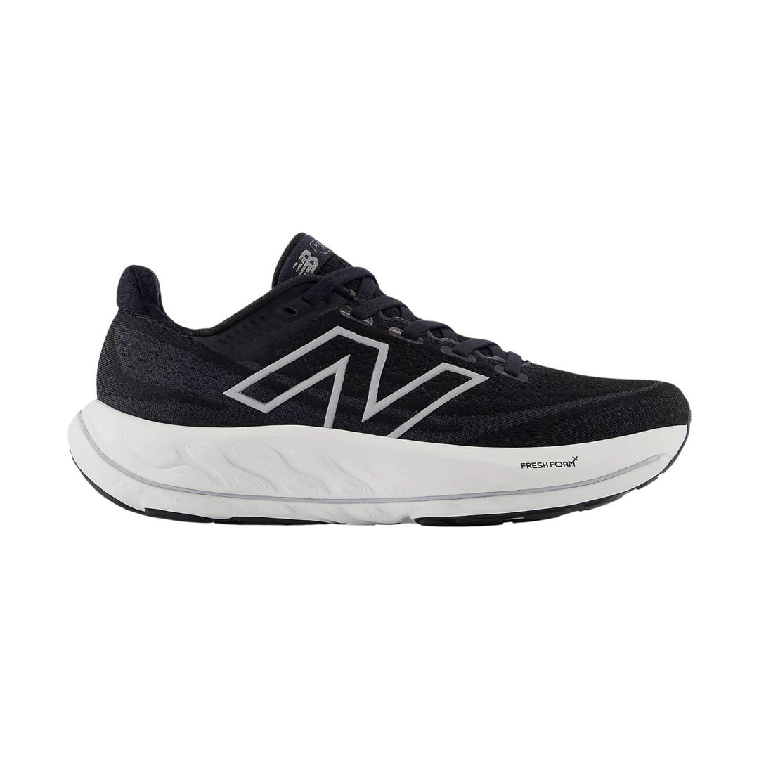 Black running shoe with white midsole and large side logo, shown in profile