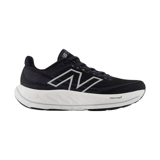 Black running shoe with white midsole and large side logo, shown in profile