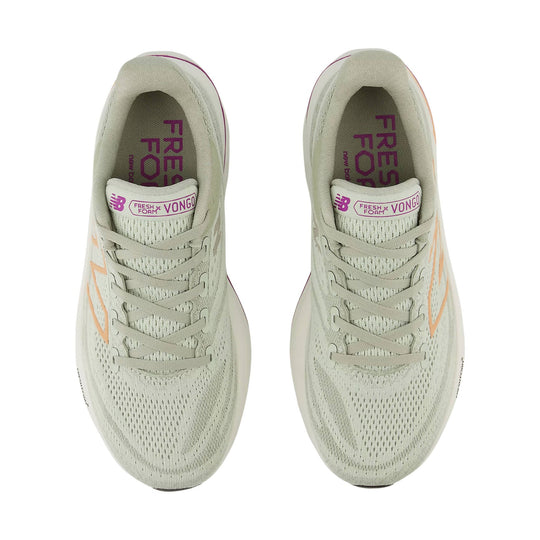 Light gray running shoes with knit uppers, laces, and magenta branding on the tongue and insole