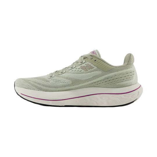Light sage running shoe with knit upper, white foam midsole, and magenta accent line
