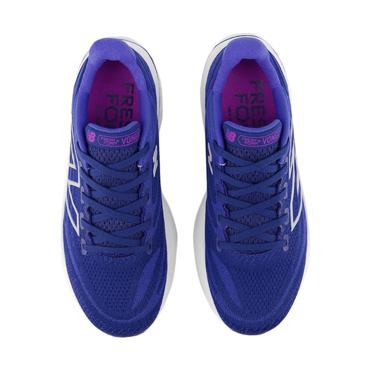 Pair of blue running shoes viewed from above with white midsoles and visible tongue and insole branding