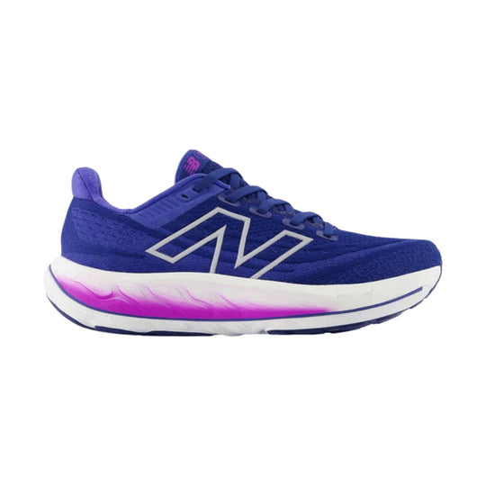 Blue running shoe with white midsole, gray side logo, and pink gradient heel