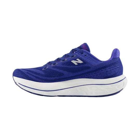 Blue running shoe with white cushioned sole, side view