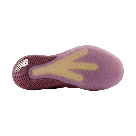 Pink and mauve tennis shoe outsole with yellow center panel and New Balance logo