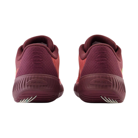 Rear view of two burgundy athletic tennis shoes with textured knit uppers and visible FuelCell heel branding