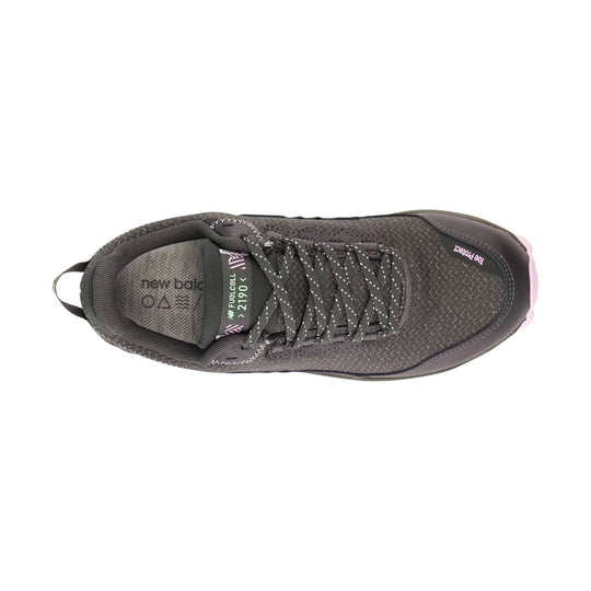 Dark gray trail running shoe with bungee laces, padded collar, and visible tongue labels