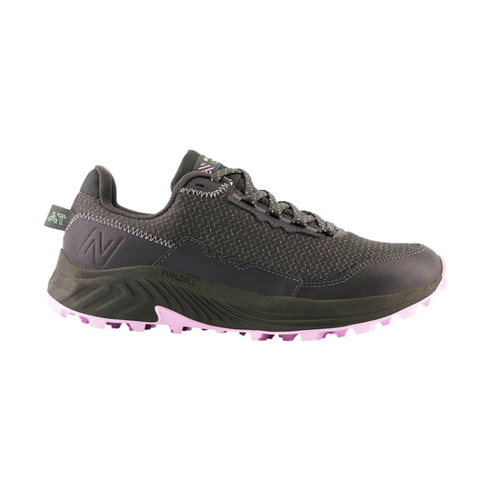 Black trail running shoe with knit upper, lace-up closure, and pink lugged outsole