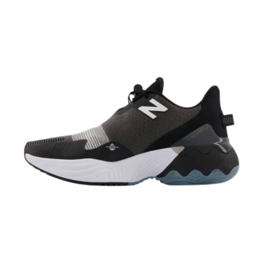 Black running shoe with white midsole, gray mesh upper, and blue translucent outsole