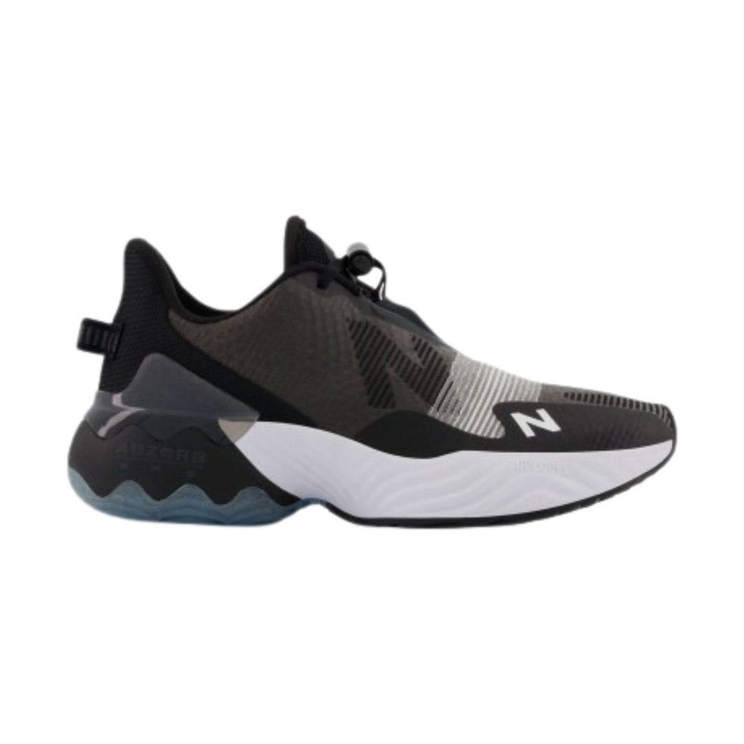 Black and gray running shoe with white midsole and bold side logo, shown in profile