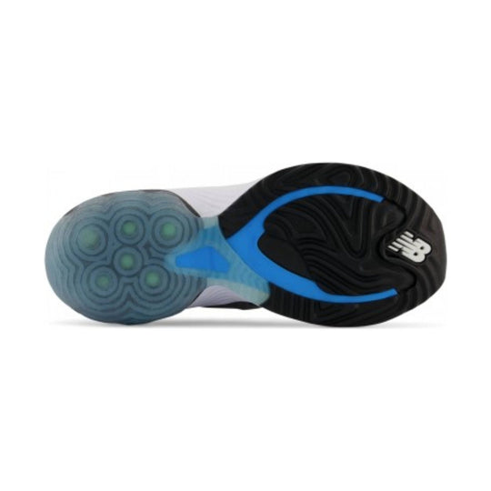 Running shoe outsole in black, blue, and translucent gray with a white NB logo