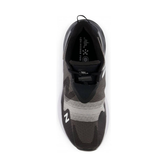 Top-down view of a black and gray running shoe with a knit upper, white side logo, and lace closure