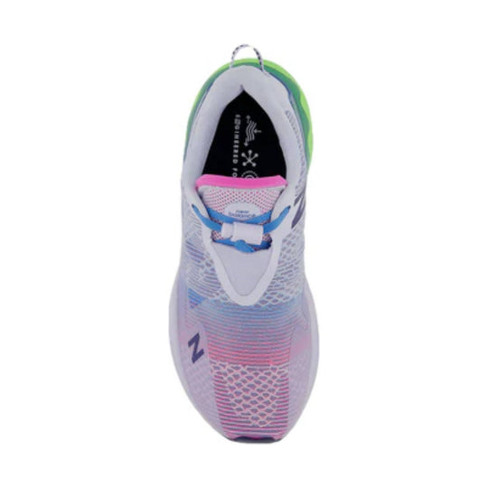 Top-view running shoe with white mesh upper, blue laces, pink toe, and green heel trim