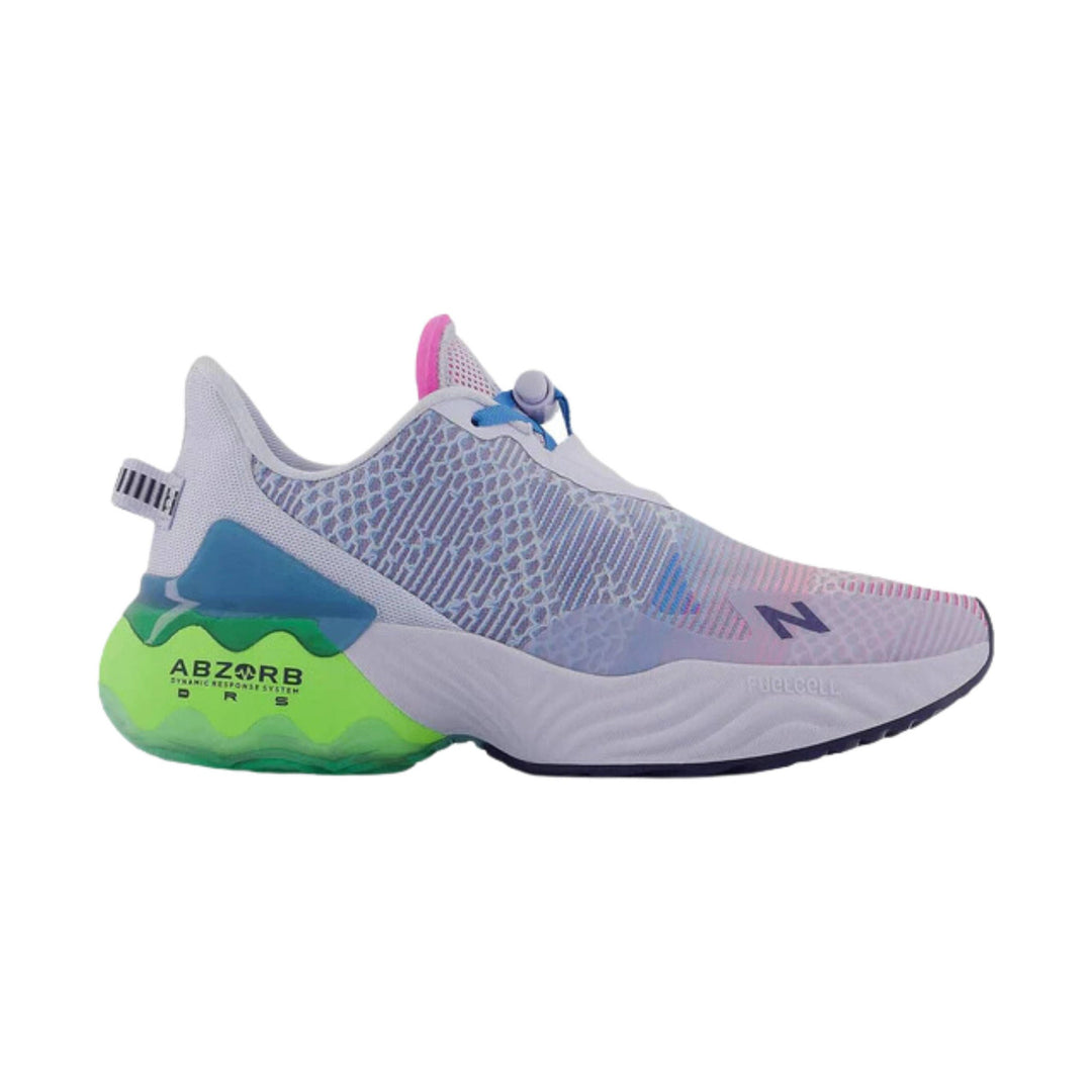 Light gray running shoe with pink and blue accents, knit upper, and neon green heel cushioning
