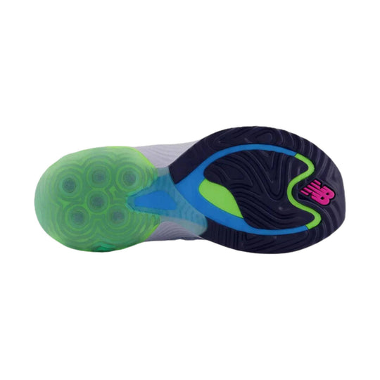 Bottom view of a running shoe outsole with navy, lime green, blue, and pink accents