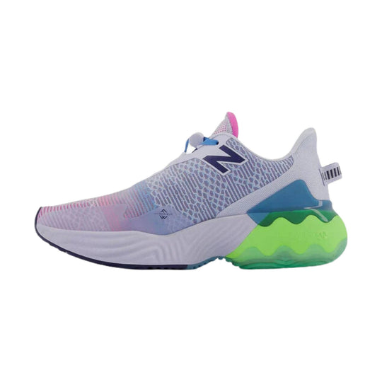 Light gray running shoe with a blue logo, pink heel tab, and neon green cushioned heel