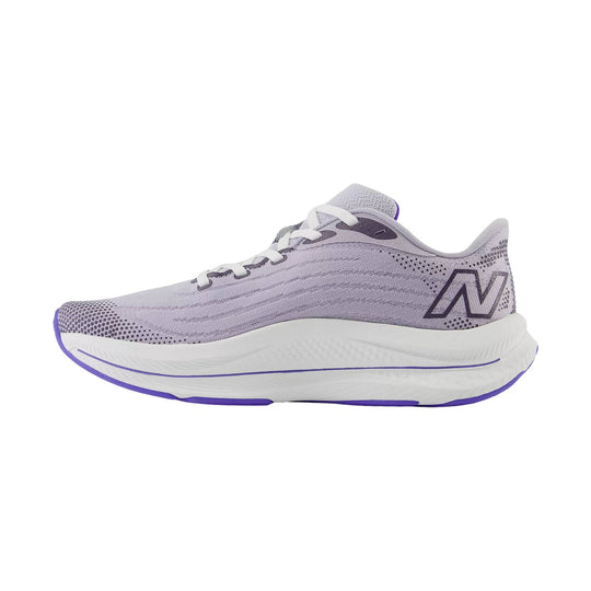Light gray and white running shoe with purple accents and a large side logo, shown in profile