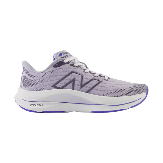 Light gray and purple low-top walking shoe with white sole and visible FUELCELL branding