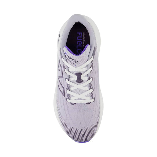Light gray walking shoe with white laces, purple trim, and a dotted toe pattern, shown from above