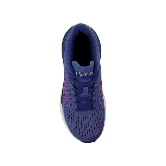 Purple running shoe with pink side accents, mesh upper, and visible laces, shown from above.