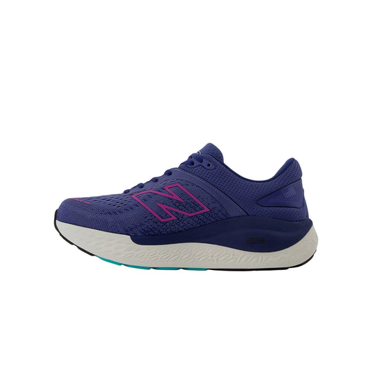 Blue running shoe with magenta logo, white cushioned midsole, and teal outsole accents