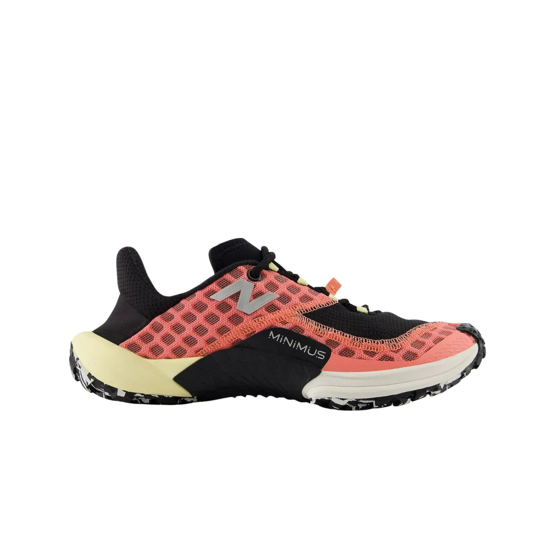 Black and coral trail running shoe with mesh upper, side logo, and rugged outsole