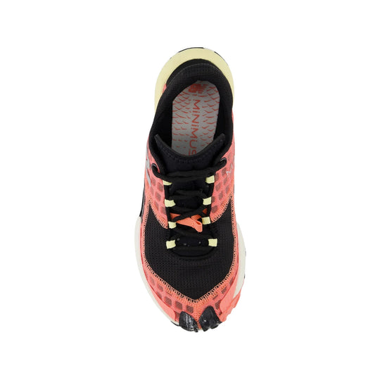 Black and coral trail running shoe viewed from above with bungee laces