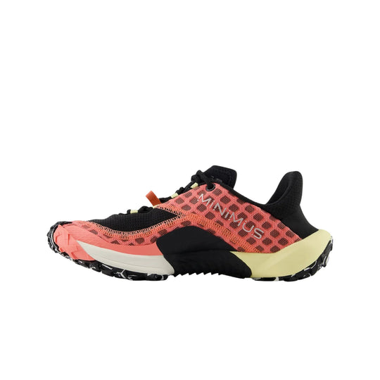 Black and coral trail running shoe with mesh upper, bungee laces, and visible MINIMUS logo