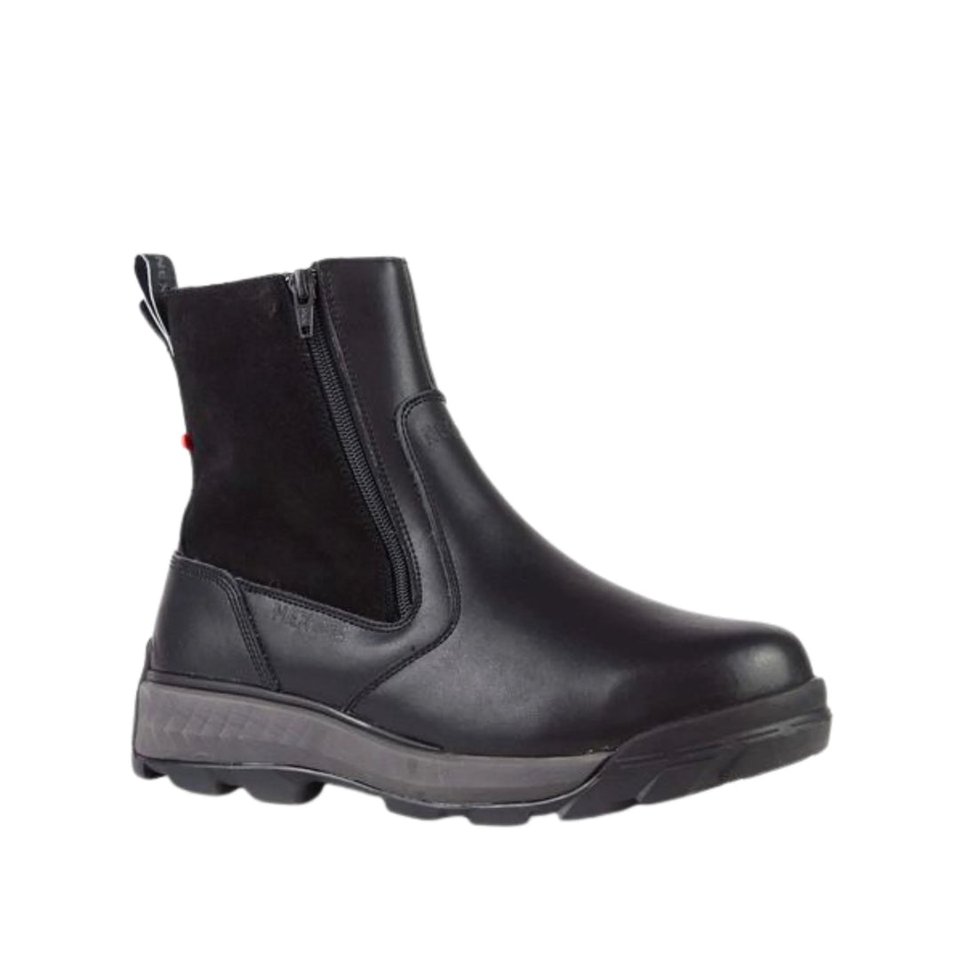 Black mid-calf winter boot with side zipper, pull tab, and chunky lug sole