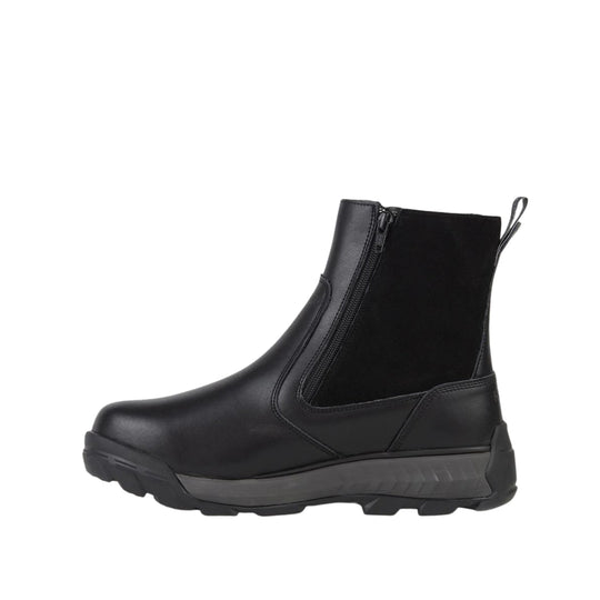 Black ankle boot with side zipper, elastic side panel, and pull tab