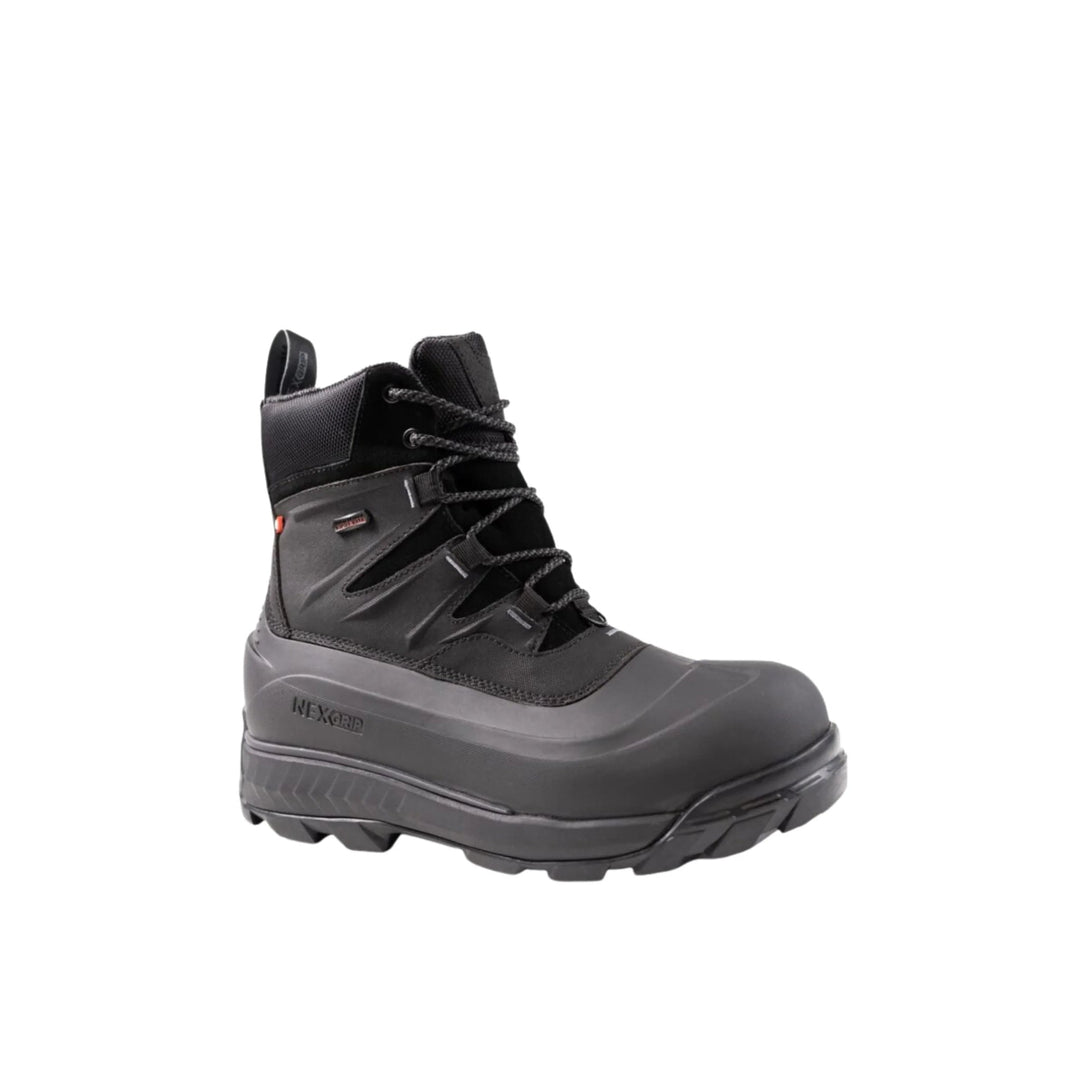 Black insulated winter boot with lace-up front, molded rubber toe, and chunky treaded sole