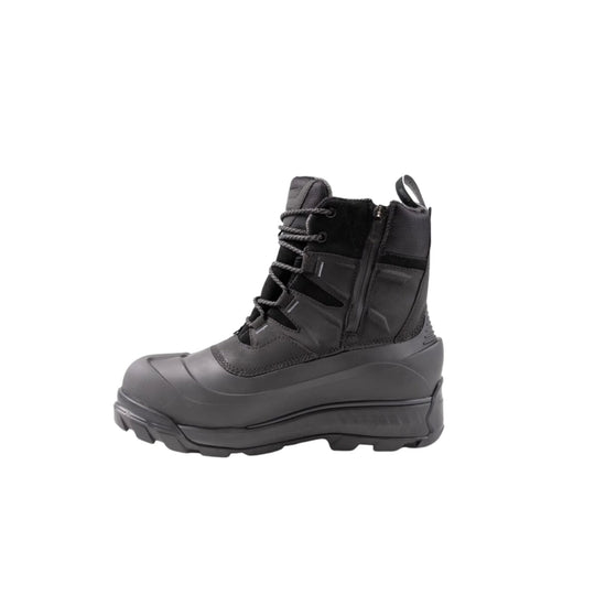 Black mid-height winter boot with lace-up front, side zipper, and chunky rubber sole