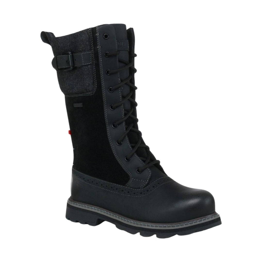 Black lace-up winter boot with side buckle strap and pull tab
