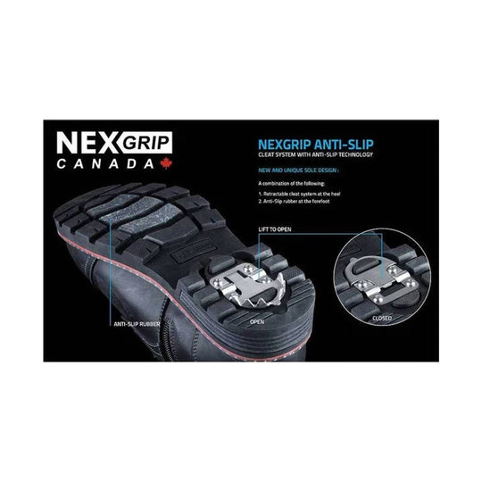 Black winter boot sole with retractable heel cleat and anti-slip tread