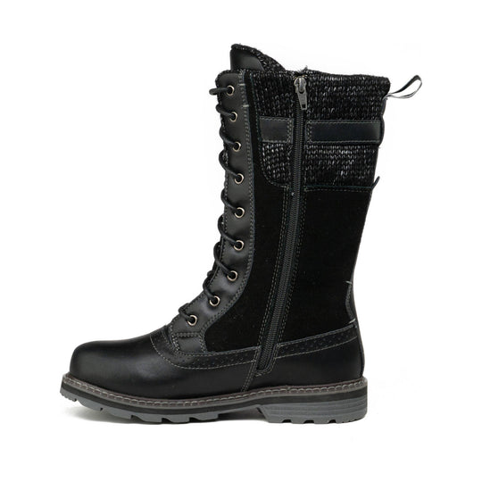 Black knee-high lace-up boot with side zipper and knit shaft