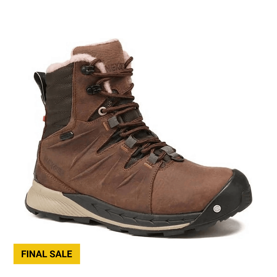 Brown insulated winter boot with black rubber toe cap and outsole, shown in side view