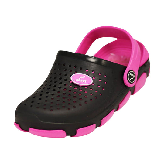 Black perforated clog sandal with pink heel strap and pink outsole accents
