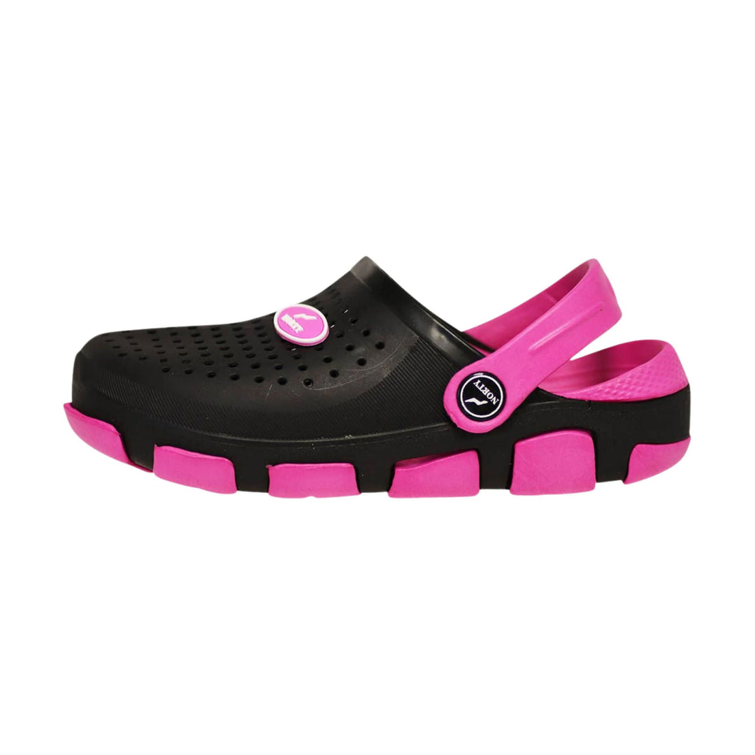 Black clog sandal with hot pink strap and sole accents