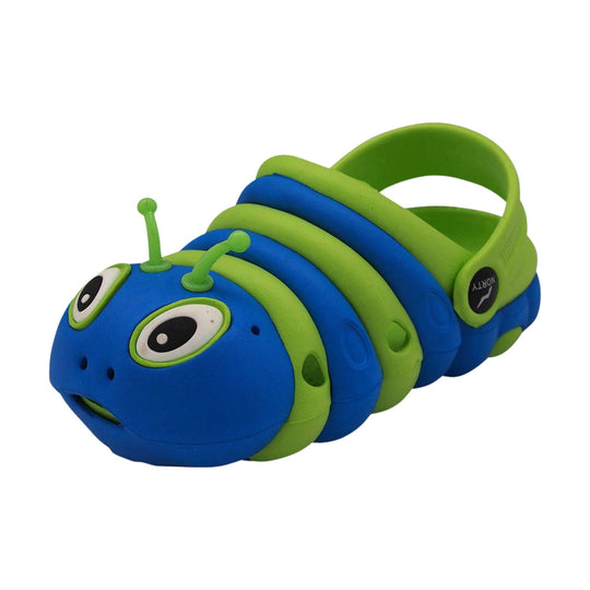 Blue and lime kids clog sandal with bug face, antennae, and side strap