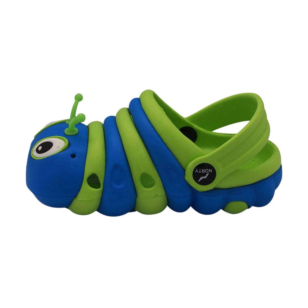 Blue and lime kids clog sandal with bug face decoration and swivel heel strap