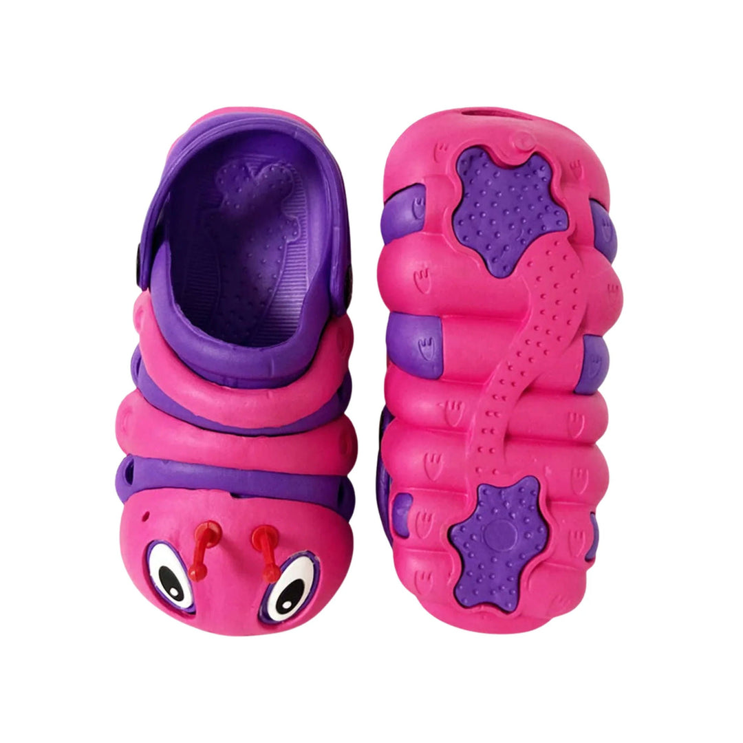 Pink and purple toddler clogs with a bug face and textured soles, shown top and bottom views