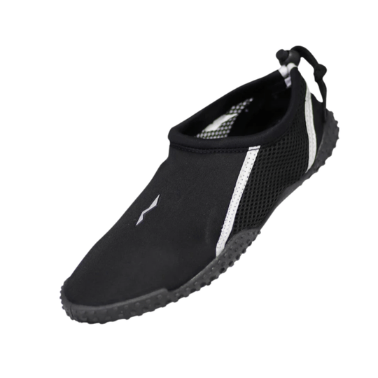 Black slip-on water shoe with white side stripes and a textured rubber sole